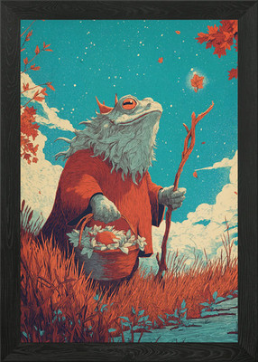 Frosch Zauberer Korb Stab gerahmtes Wandbild Poster Leinwanddruck Bild