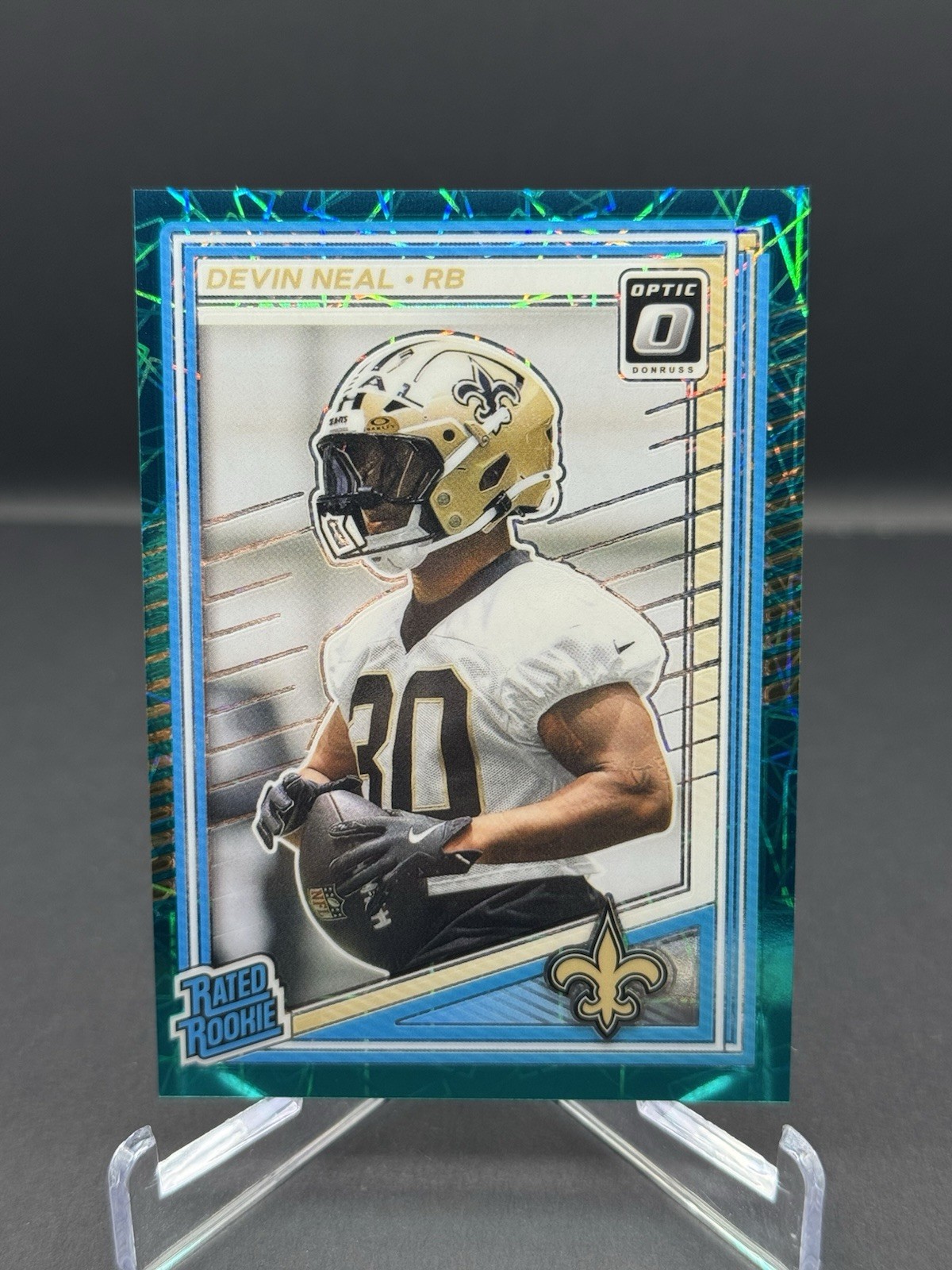 2025 Panini Optic - Rated Rookie Devin Neal #282 Teal Velocity Prizm Saints (RC)