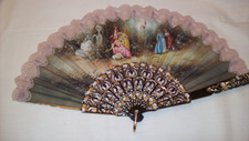 Vtg Spain Silk Hand Held Folding Fan Hand Painted Celluloid Decor