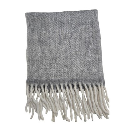 Lassesor Gray Herringbone Wool Blend Scarf with Fringe