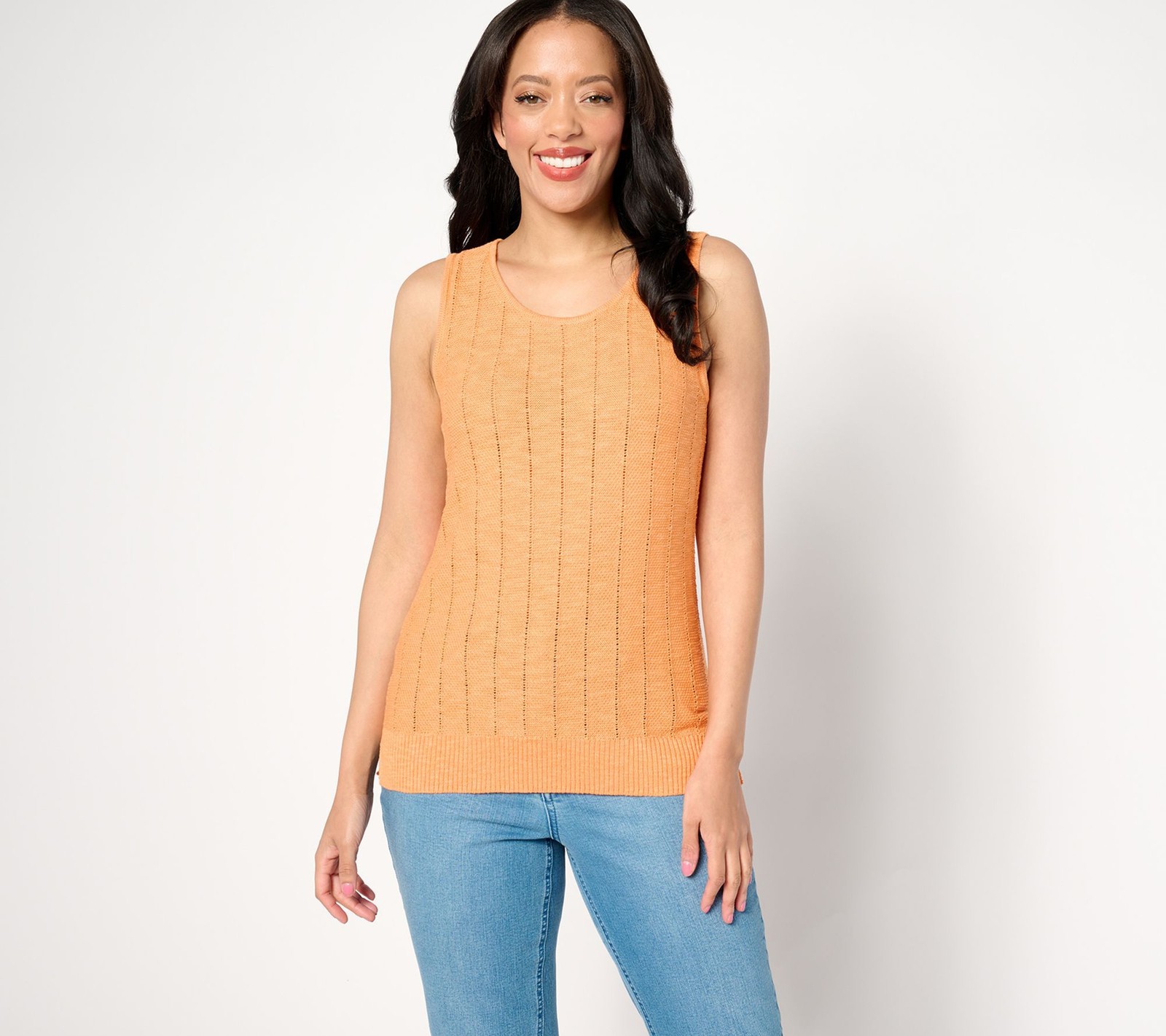 Susan Graver Women's Top Sweater Sz M Pointelle Knit Tank Orange A641803