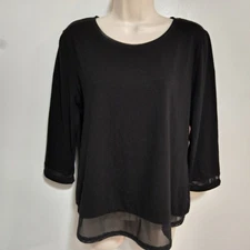 Chico's Size 1 Black 3/4 Sleeve Round Neck Solid Tee T-shirt w/ Mesh Detail