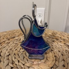 Vintage Leaded Stained Glass Blue Winged Angel Figurine Suncatcher 3D Christmas