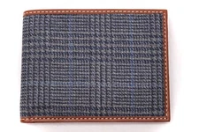 Mens Handmade Bifold Wallet Italian Leather Tweed Gray Blue Plaid Gift for Him