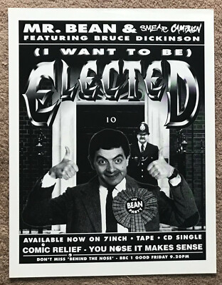 MR BEAN - ELECTED 1992 Full page UK magazine ad BRUCE DICKINSON COMIC RELIEF