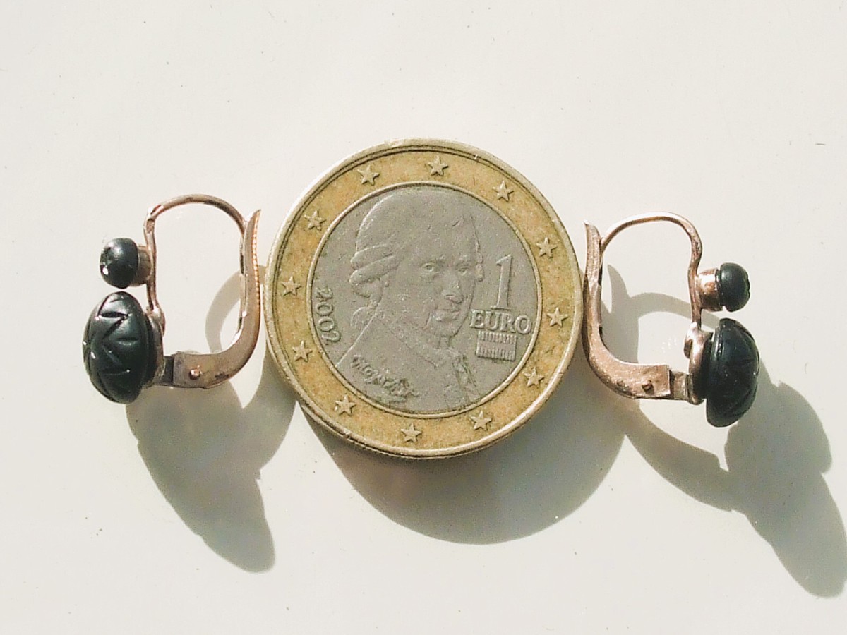 Boucles D'Oreilles Dormeuses Anciennes En Argent 800 - Avec Pierre Noire (Pâte De Verre), Occasion