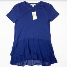 MICHAEL KORS Women's Blue Ruffled Short Sleeve Pullover Mini Dress Size Medium