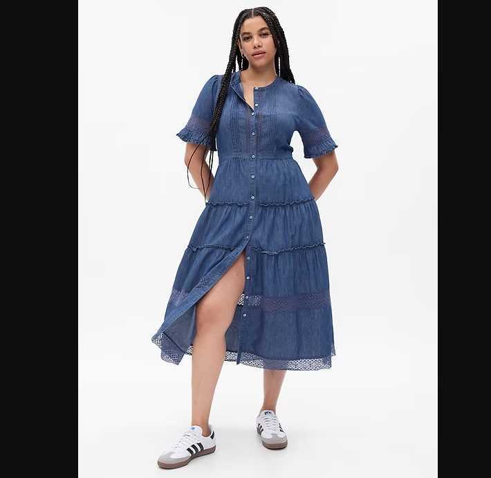 white christmas dresses Mugihiko Denim Wrap Dress Tan