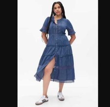 New women's S M L XL  LoveShackFancy x Gap denim tiered midi shirt dress