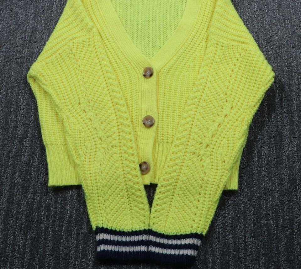 Небеса синий кардиган женщин маленький желтый полоски акцент кнопка спереди опрятный - Изображение 4 из 4