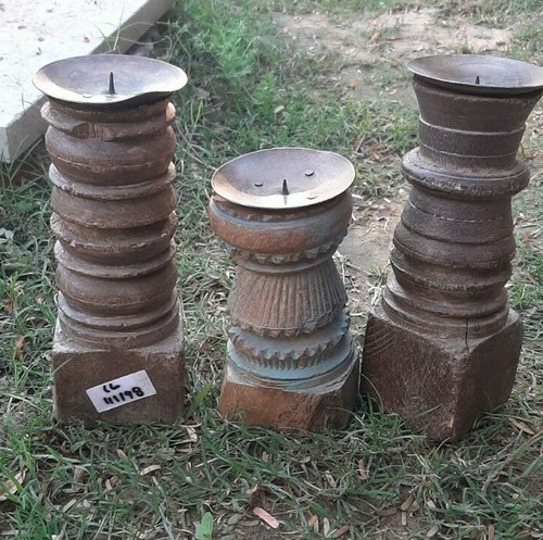 Antique Handmade Wooden Candle Holder Pillar Stand Set Of 3 Pagah Candlestick - Picture 2 of 9
