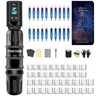 POSEIDON Wireless Tattoo Kit Rotary Motor Pen Machine Ink Cartridges Needles UK