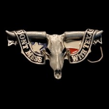 Vintage Belt Buckle "Don't Mess With Texas" Bull Horns Flag Skull Pewter 6" Huge