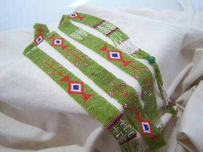 Hand Beaded Wampum Belt Sash RENDEVOUS 5' American Craft Art Green Black Powder
