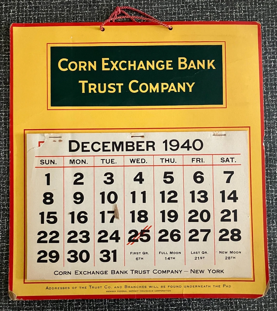 Vintage Original 1941 Calendar Corn Exchange Bank Complete Rare | eBay