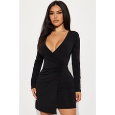 Fashion Nova Piper Black Long Sleeve Wrap Mini Dress Size Medium