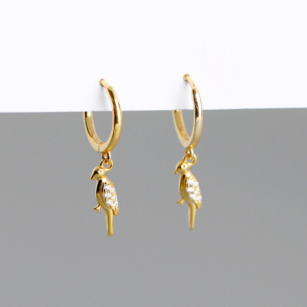 Sterling Silver Hoop Lovely Parrot CZ Bird Dangle Drop Huggie Earrings A4554