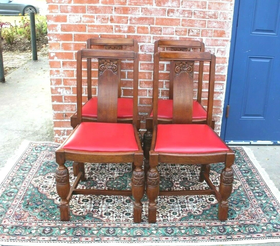 4件套英国古董橡木艺术装饰餐椅|红色乙烯基座椅 ~ 20 世纪 30 年代 — 第 3/4 张图片