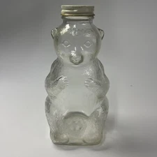 Vintage 1950's Snow Crest Beverages Bear Shaped Clear Glass Bottle 7"