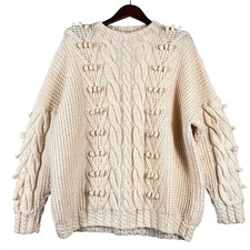 VTG Irish Handknit Pure New Wool Sweater XL Cream Cable Aran Fisherman Popcorn