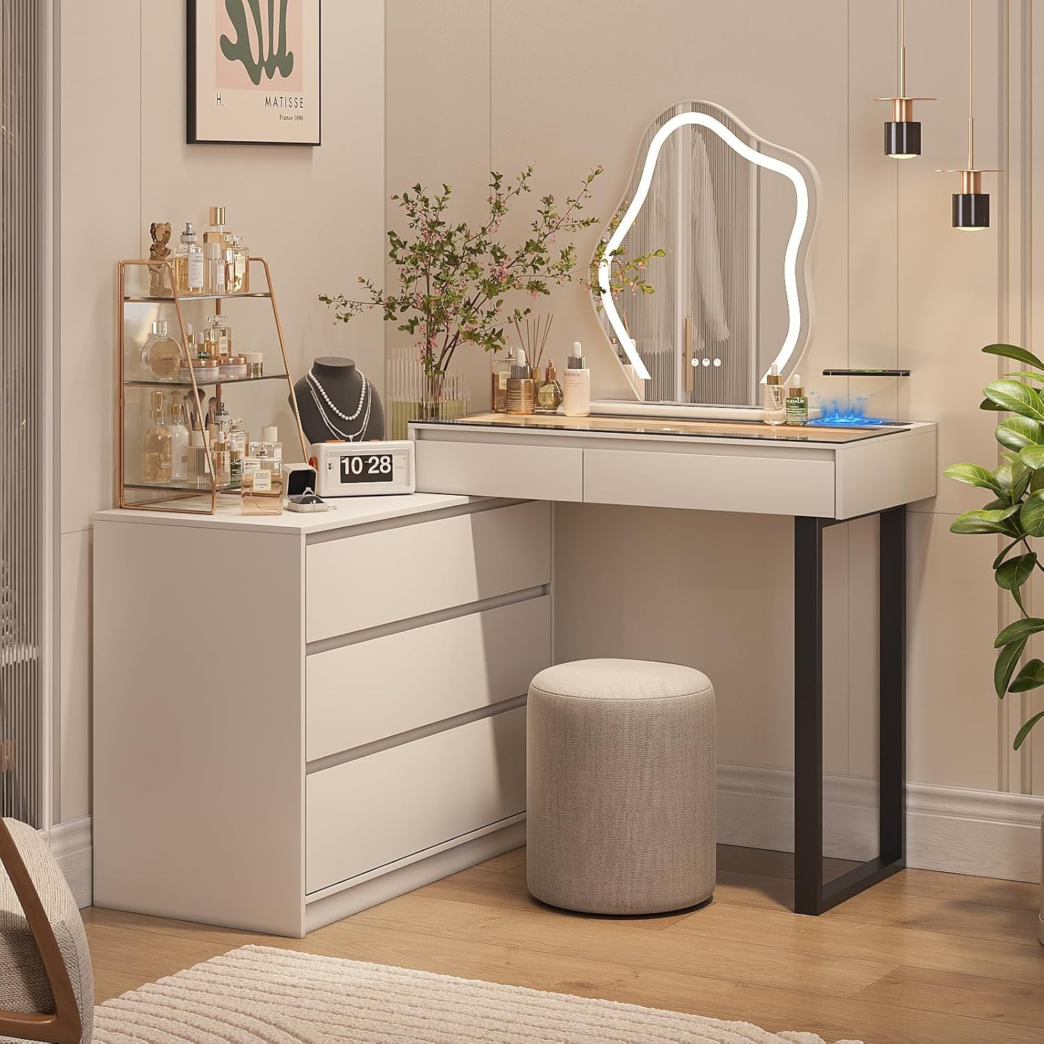 Modern LED Vanity Desk with Mirror, USB Charging & Storage