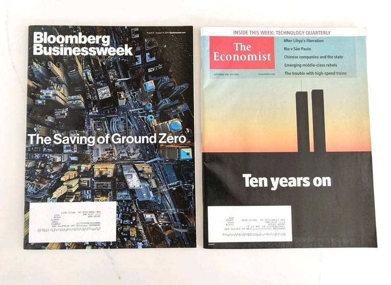 2 magazines 10yr anniversary Sep 11 Ground Zero Twin Towers Economist Bloomberg