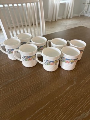 Set of 8 Vintage Arcopal France Florine Flowers Coffee Mugs Cups Floral Swirl
