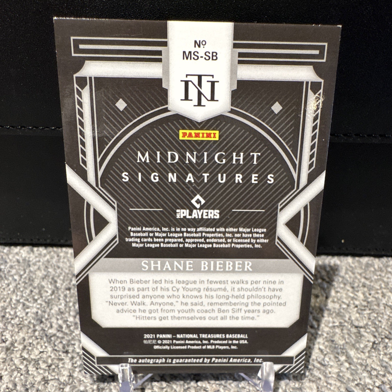 Panini 2021 National Treasures Shane Bieber Midnight Signatures Auto #MS-SB /49 view 2