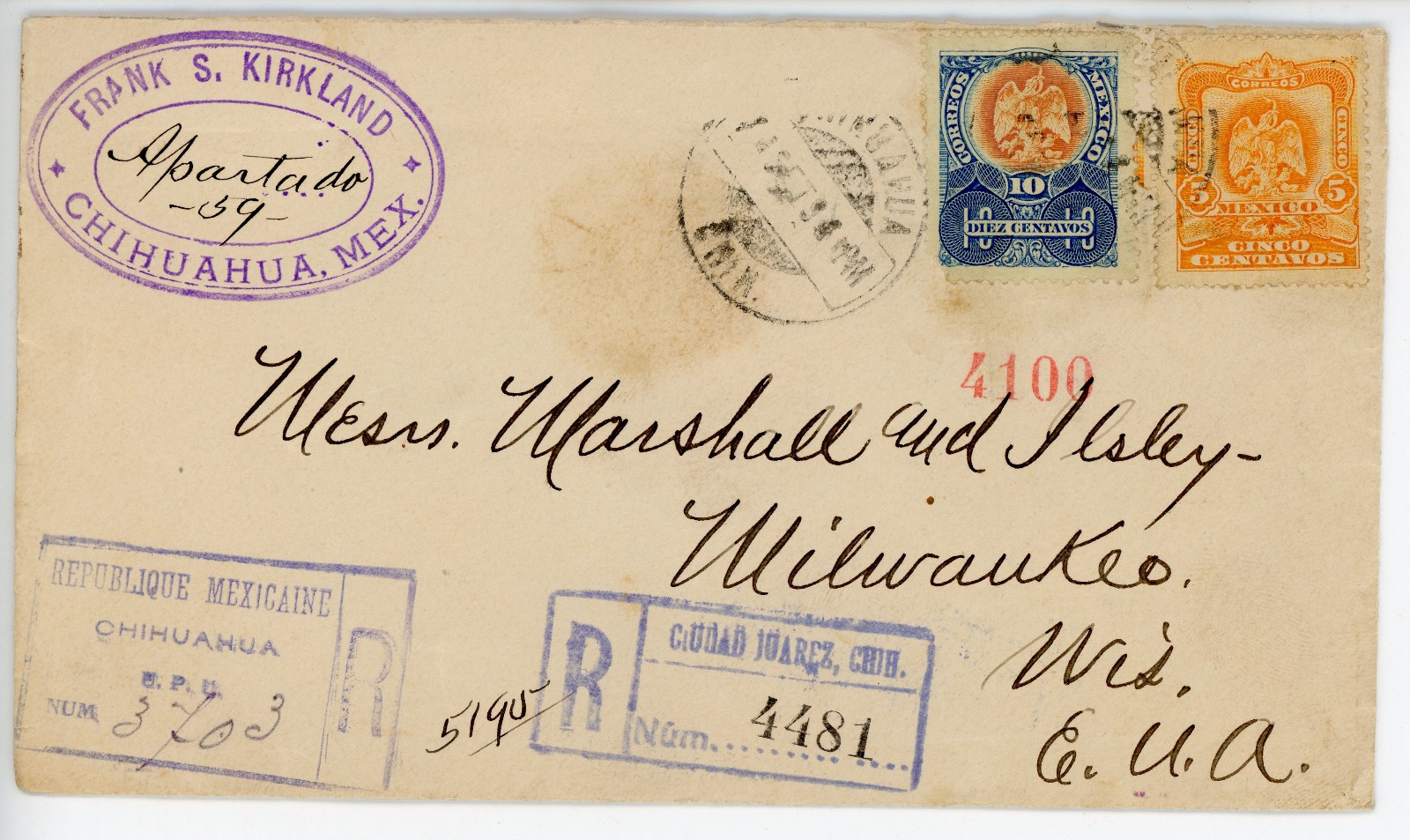 1906 Mexico Chihuahua Registered Cover to USA Official Wax Seal Marshall & Ilsle