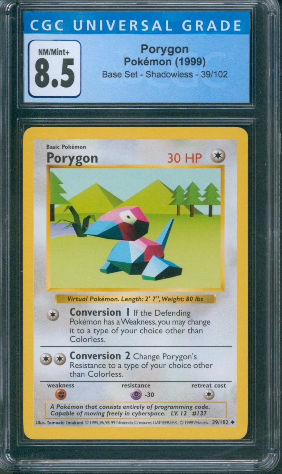 1999 Pokemon Base Set SHADOWLESS 🔥 PORYGON 🔥 #39 CGC 8.5 NM / Mint+ Card c207
