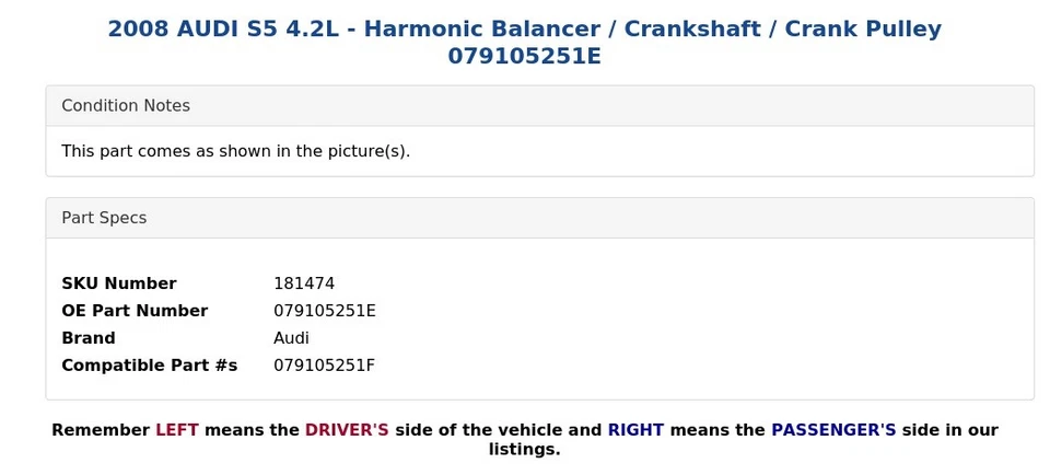 2008 AUDI S5 4.2L - Harmonic Balancer / Crankshaft / Crank Pulley 079105251E - Image 3 of 4
