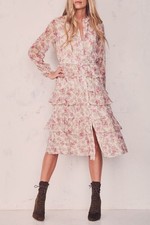 LoveShackFancy Floral Midi Dress US 2 sz XS Pink Silk Lurex Long Sleeve Ruffle