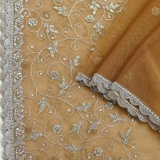 Vintage Beige Dupatta Net Mesh Long Stole Hand Embroidered Scarves Zardozi Veil