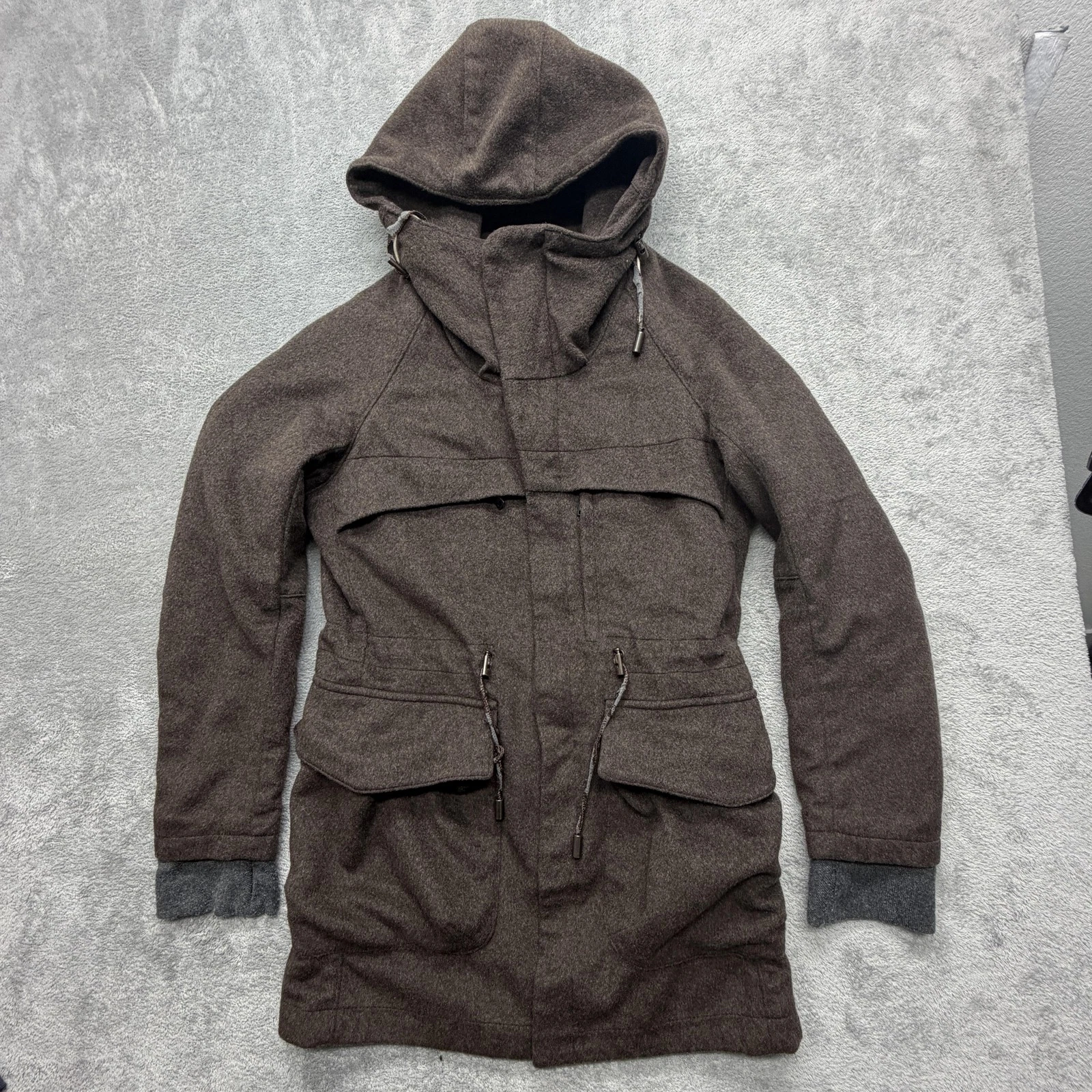 ZARA MAN Coat Mens S Brown Parka Hooded Lined Tweed Zip Pockets Mid-Length