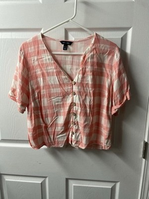 New Look Cropped Top Womens 14 Viscose Pink Plaid V Neck Casual Wood Look Button