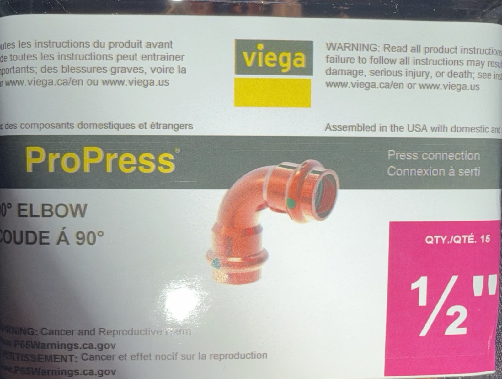 Viega 77425, ProPress 1/2-in. Press Copper 90-Degree Elbow (15-Pack)