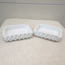 Set of 2 White Milk Glass Fenton Hobnail Rectangle Dishes, Glossy Finish