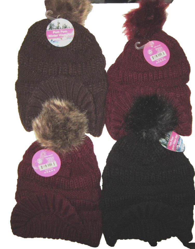 4 sombreros de invierno tejidos con visera extra holgados para mujer con pompón Foto 2 de 4