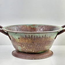 Vtg 18" Green Metal Footed Colander Strainer Handles Patina Industrial Farmhouse