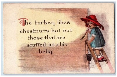 c1910's Thanksgiving Little Girl Painter Ladder Unposted Antique Postcard