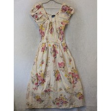 Gap Smocked Midi Dress Women's Medium Cream Floral Tie-Neck Cap Sleeve Pockets