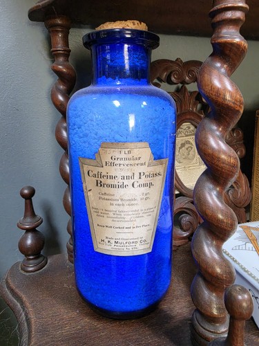 RARE Colbalt Blue Apothecary 1lb Bottle Mulford Co. Unopened W/Contents Antique