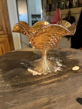 Vintage Imperial Carnival Glass Ruffled Pedestal Candy Dish Marigold Grapes