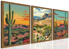 Framed Desert Landscape Wall Art Set of 3, Vintage Mexican Cactus Wall Decor ...