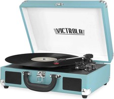 Vintage 3-Speed Bluetooth Portable Suitcase Record Player with Built-In Speakers
