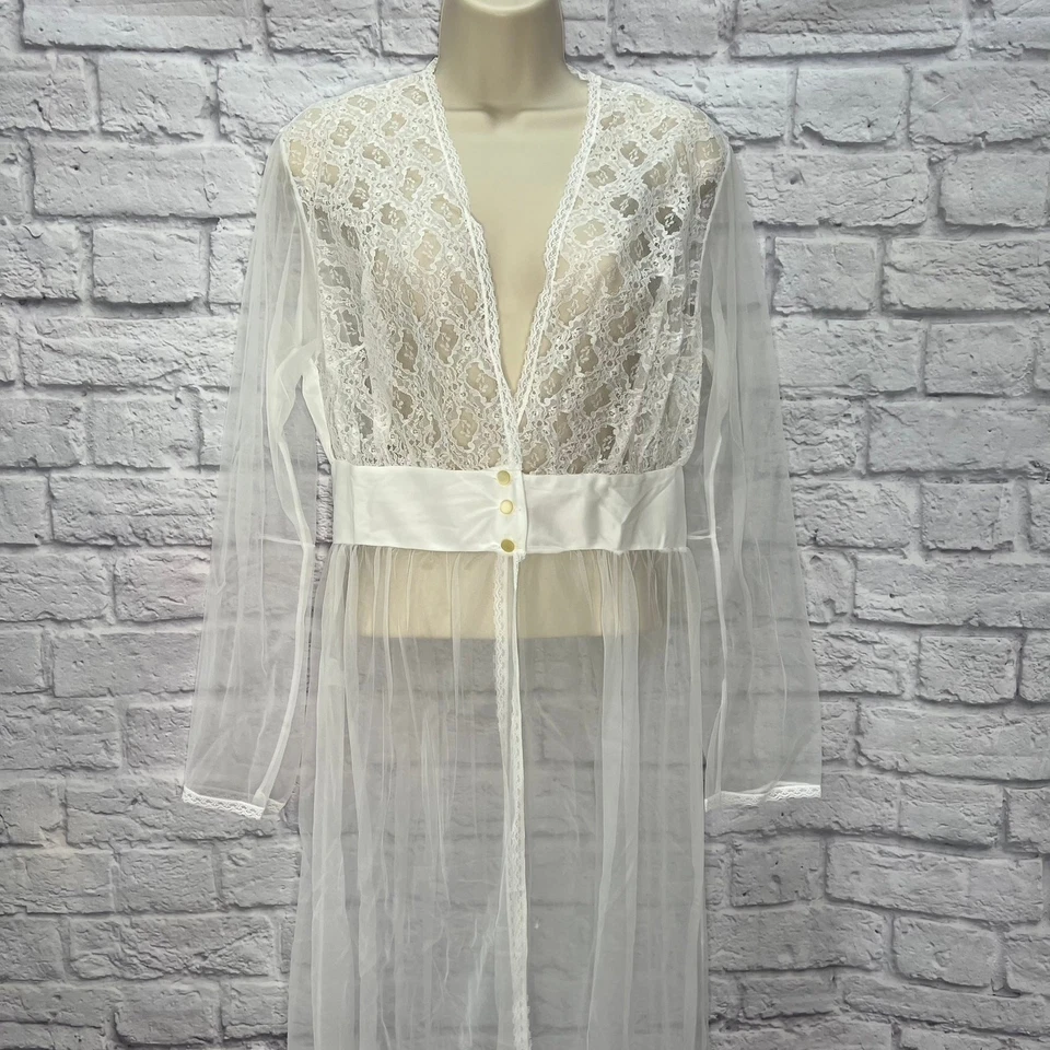 Vintage Nancy King Sheer Nylon Peignoir Robe White Bridal Size M New Satin Lace - Image 3 of 4
