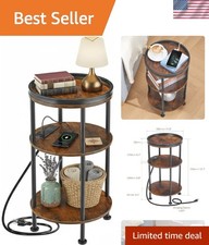 Small Round Side Table with Charging Station for Small Spaces, 3-Tier Round A...