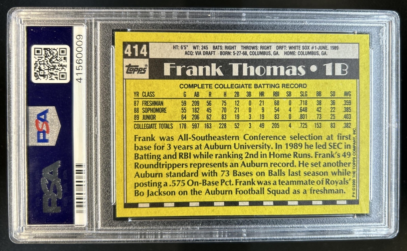 1990 Topps Frank Thomas Rookie RC #414b White Sox PSA 8 view 2