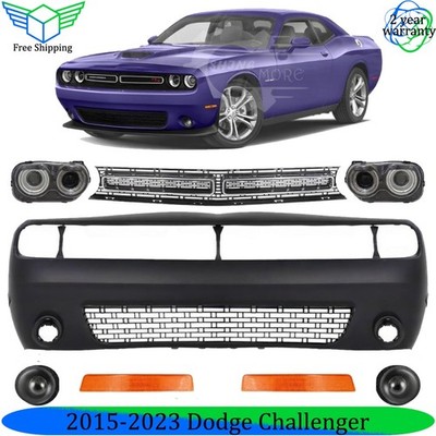 Front Bumper Cover Primed Plastic & Headlight Kit For 2015-2023 Dodge Challenger