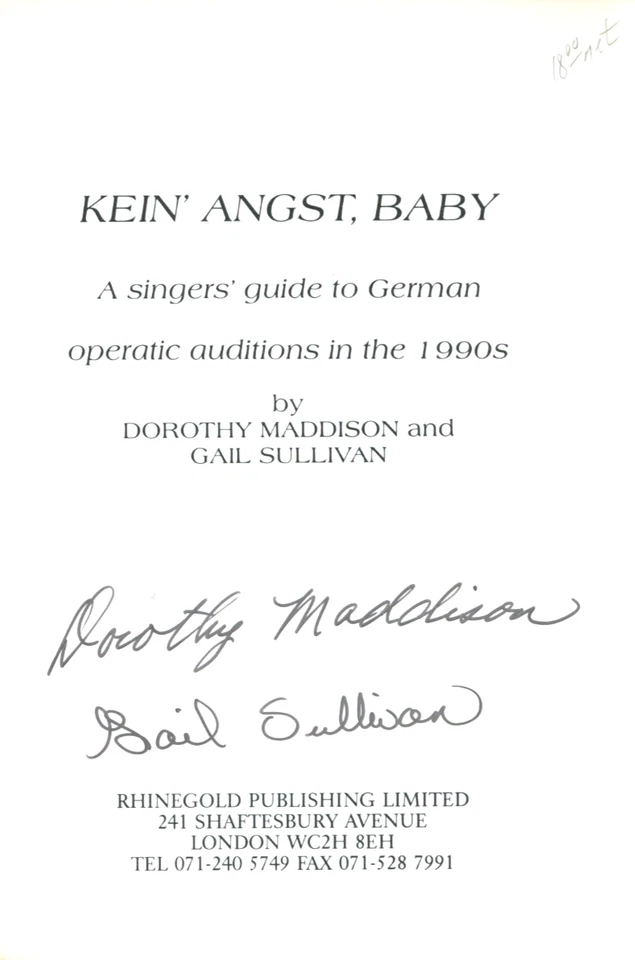 Kein' Angst, Baby Singers' Guide To German Operatic Auditions In The 90's - Image 2 of 4